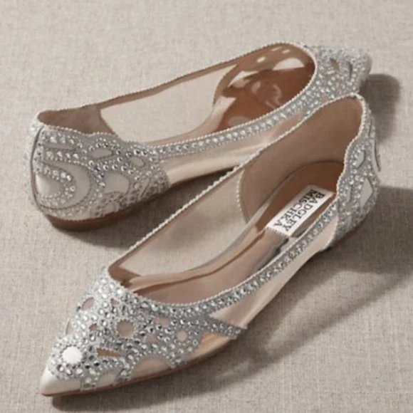 Badgley Mischka BHLDN Size 7.5 Gigi Pointed Toe Jeweled Ivory Ballet Flats Shoes Women
